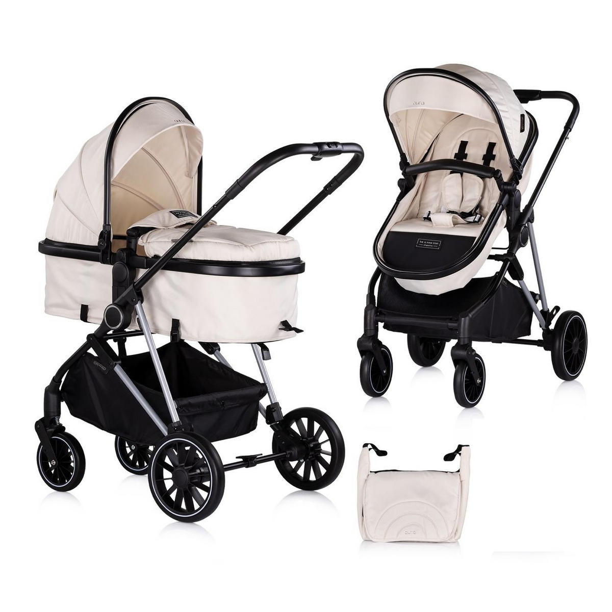 KINDERWAGEN Aura 2 in 1 creme umbaubar Wickeltasche Sitz umkehrbar bis 22 kg - Beige, Metall (98/60/106cm) - Chipolino