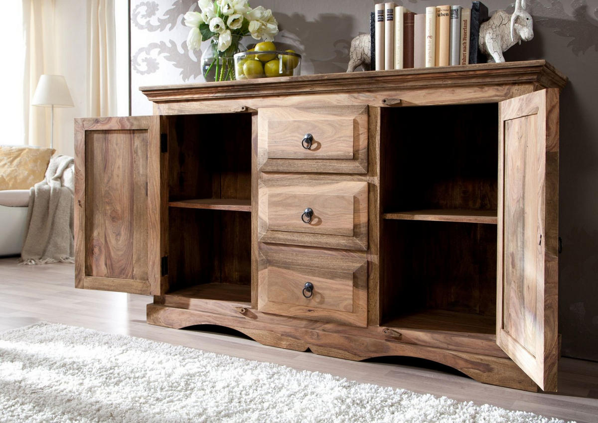 SIDEBOARD Sheesham 135x40x85 grau geölt LEEDS #42 - Grau, Holz (135/85/40cm) - Massivmoebel24