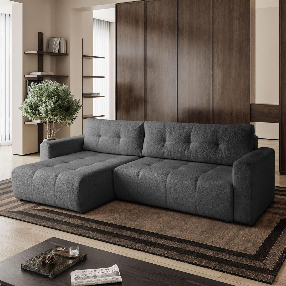 ECKSOFA VIENNA Stil Bettkasten und Funktionalität Bouclé Graphit Links - Graphitfarben, Holz (143/261cm) - Kaiser Möbel