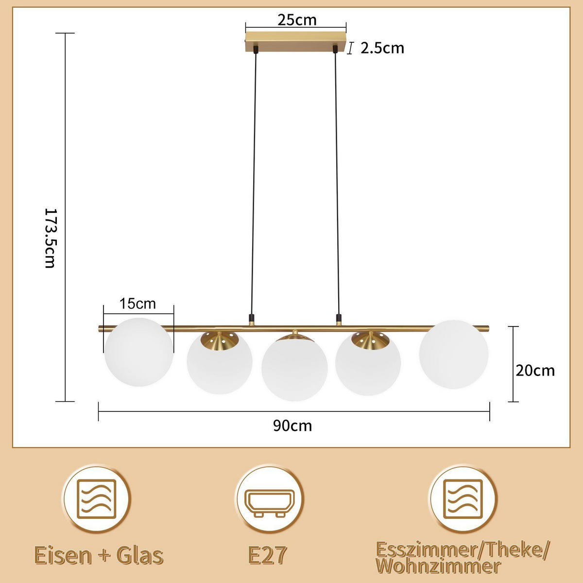 PENDELLEUCHTE Caspian 90/15/173.5 cm - Goldfarben/Weiß, Glas/Metall (90/15/173.5cm) - ZMH