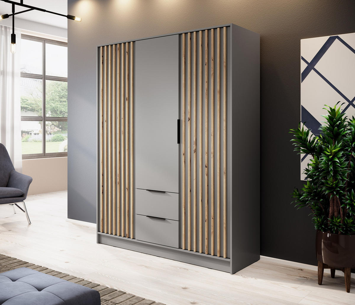 KLEIDERSCHRANK 150 cm Fioro - 3 Türen, Lamellen, Schubladen, Grau - Grau, Holz (155/200/51cm) - Emporius