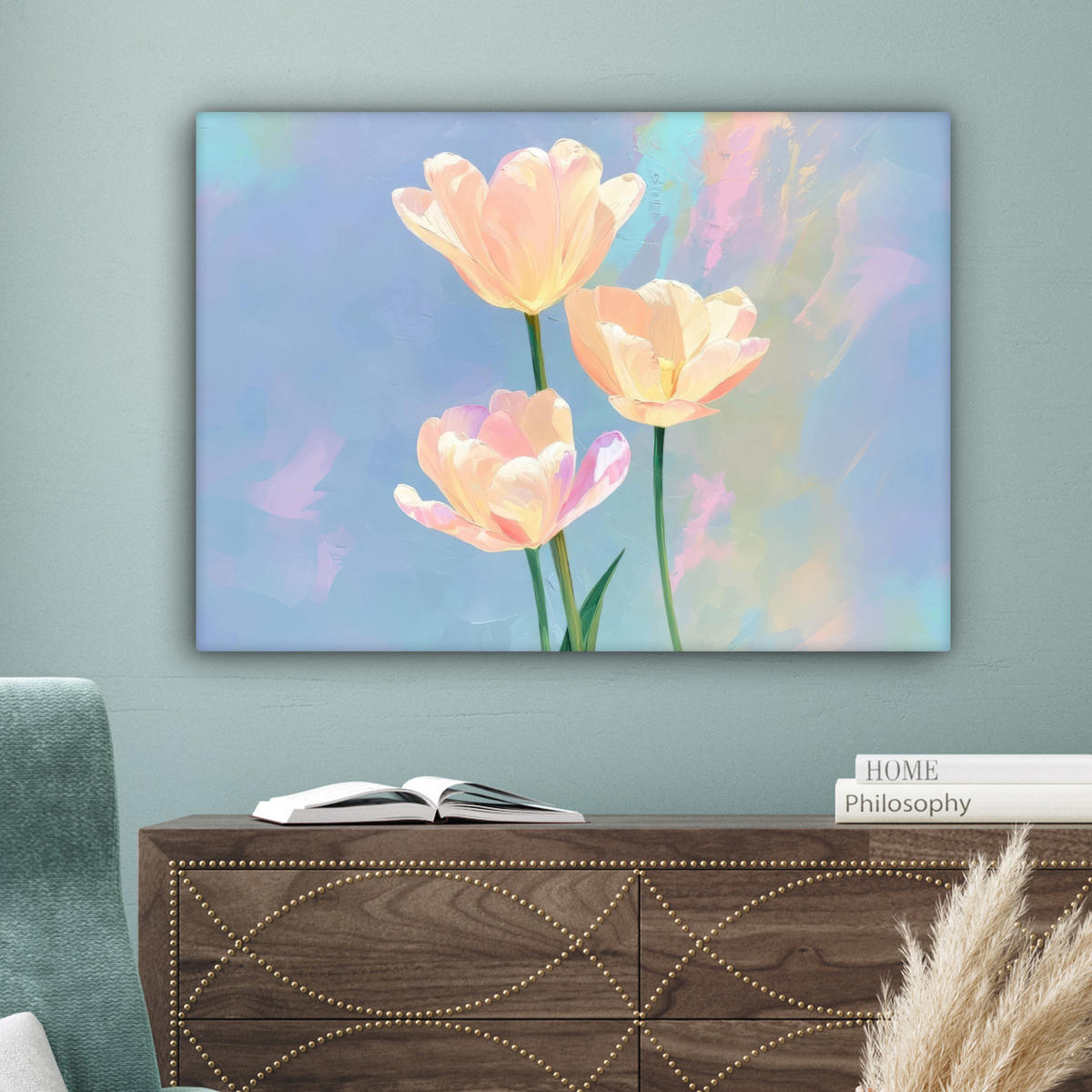 LEINWANDBILD Tulpen - Rosa Akzente - Blau Wandbilder 80x60 cm - Pastellblau, Textil (80/60cm) - MuchoWow