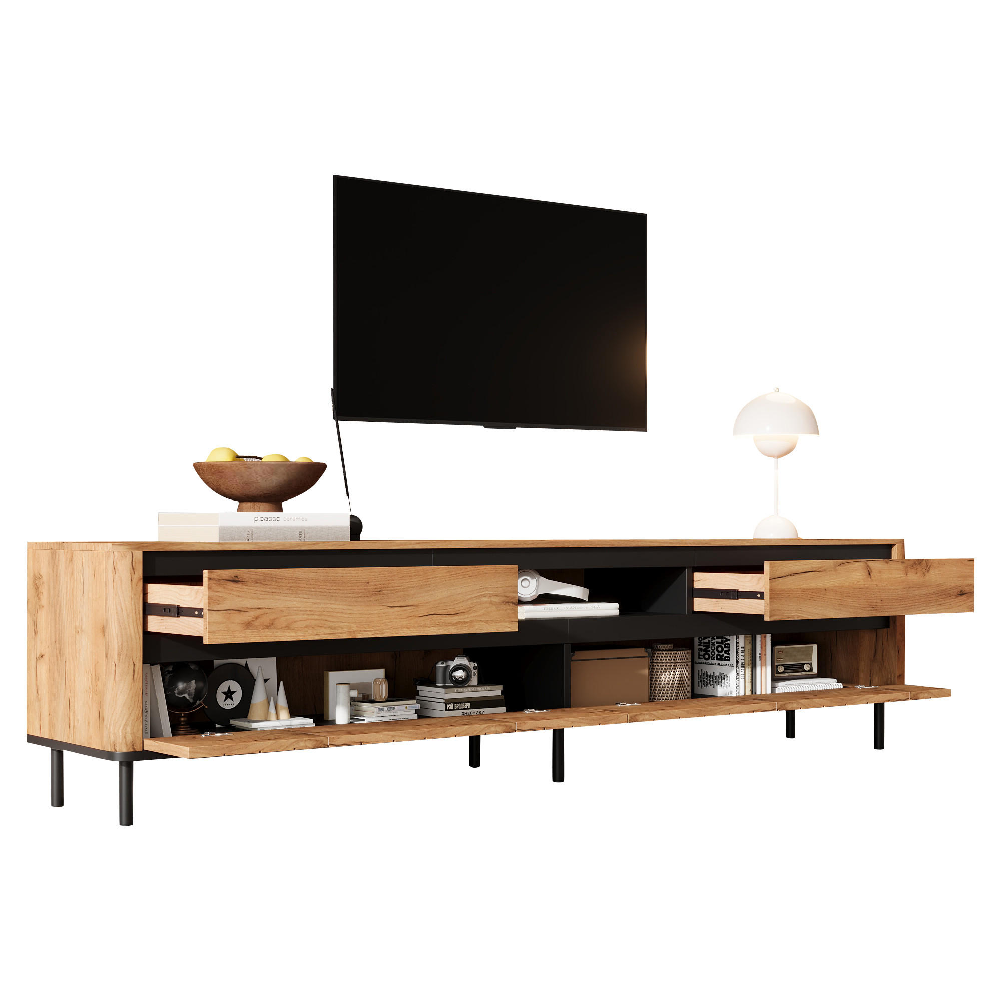 TV‑LOWBOARD in Eichenoptik mit Lamellenfront und Metallfüßen 180 × 40 × 52 cm - Eichefarben, Holzwerkstoff (180/52/40cm) - Luhomfu
