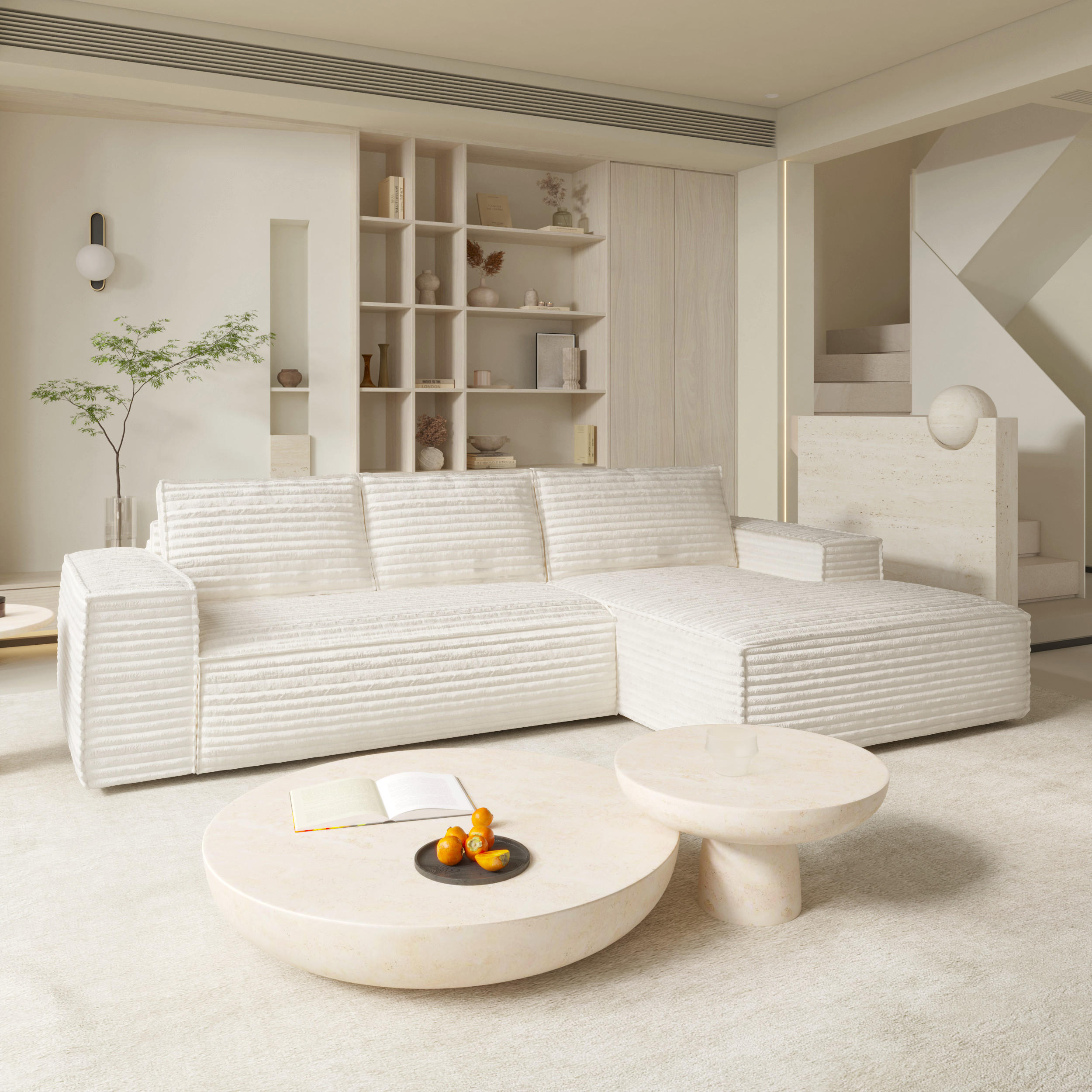 ECKSOFA RECHTS Gerippter Samt Creme 302cm - Creme, Textil (302/165cm) - Sia Home
