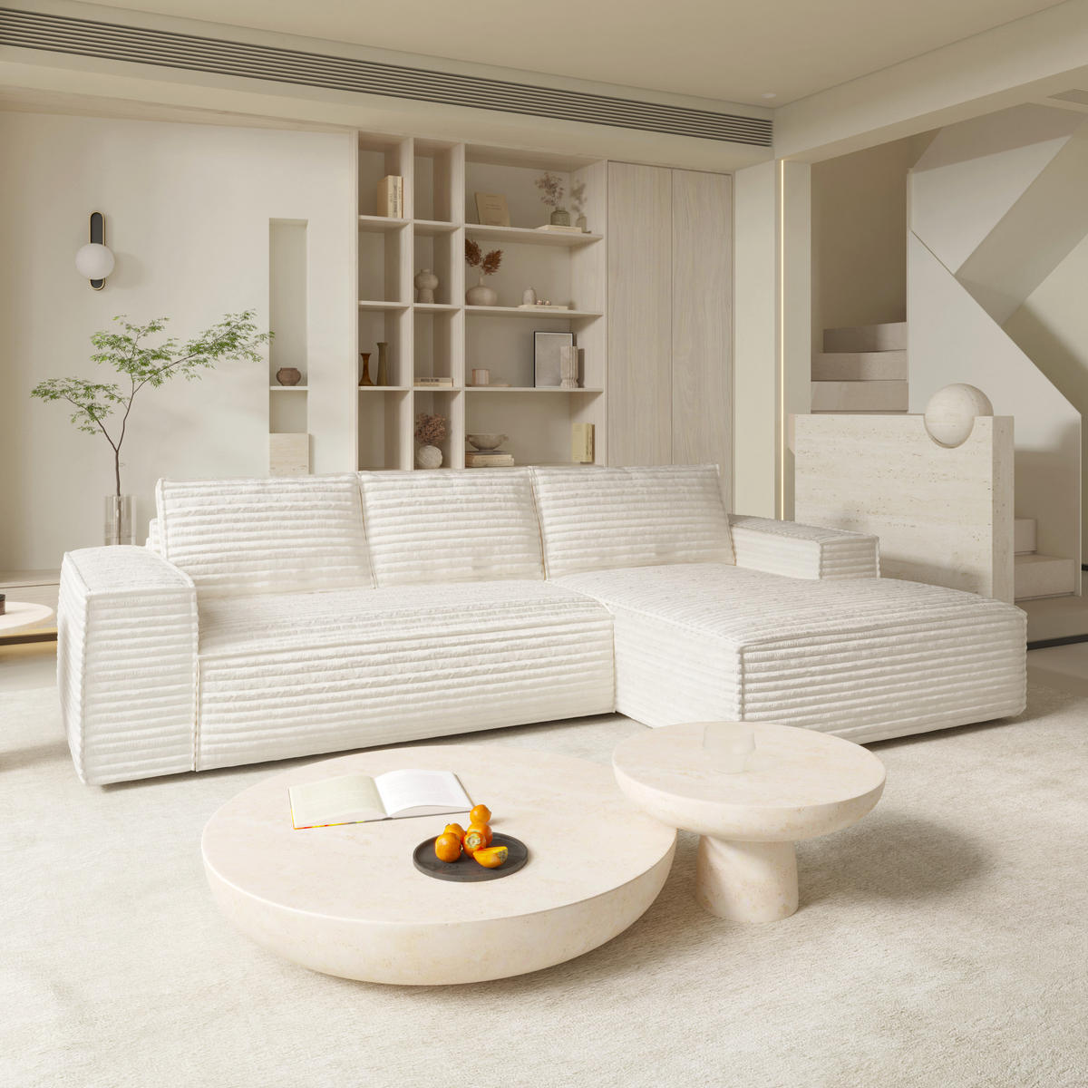 ECKSOFA RECHTS Gerippter Samt Creme 302cm - Creme, Textil (302/165cm) - Sia Home