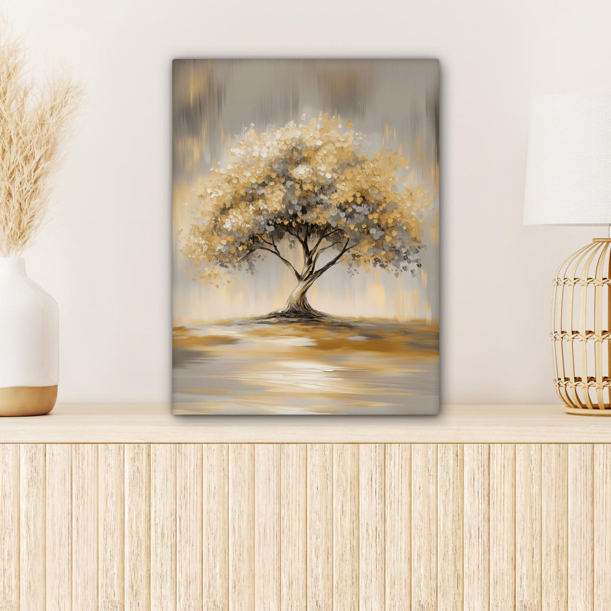 LEINWANDBILD Gemälde - Baum - Abstrakt - Blätter Room Decor 30x40 cm - Beige, Textil (30/40cm) - MuchoWow