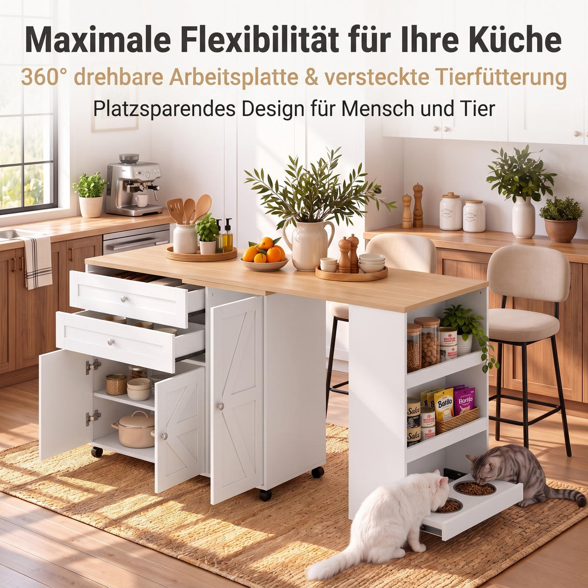 KÜCHENINSEL auf Rollen 100/60/84.5 cm Weiß mit ausziehbarer Arbeitsplatte, 2 Schubladen und Katzenfutterstation - Schwarz/Weiß, Holz/Holzwerkstoff (120/86/60cm) - Oxeza