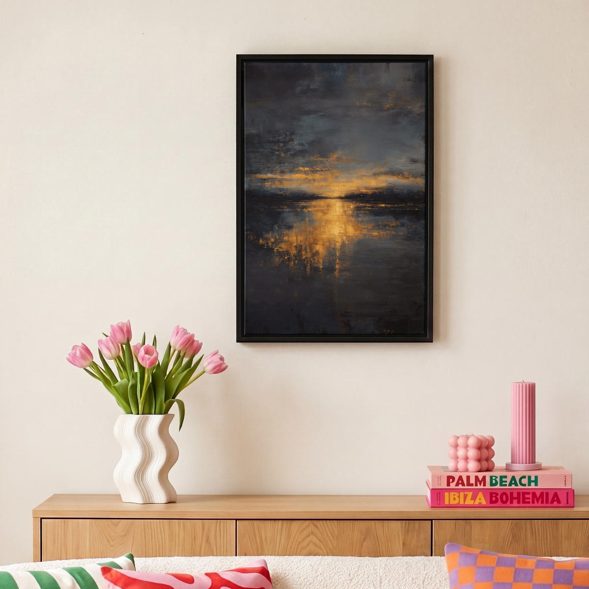 LEINWAND Bilder mit Rahmen - Goldene Reflexion auf dem Wasser - 20x30 - Anthrazit, Textil (20/30cm) - MuchoWow