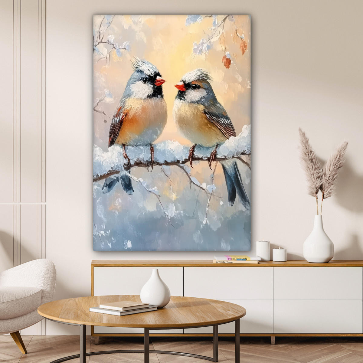 LEINWANDBILD Vögel - Zweig - Winter - Schnee 80x120 cm - Pastellblau, Textil (80/120cm) - MuchoWow