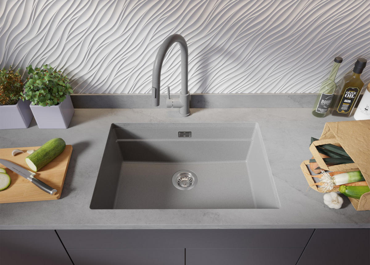 UNTERBAUSPÜLE GRANIT Praga, 2-er set Grau 66/47 cm 1 Becken + Küchenarmatur 38/14 cm + Ablauf-Set + Aufrollbare Abtropffläche ab 70er Unterschrank - Chromfarben/Grau, Kunststoff (66/20/47cm) - Primagran