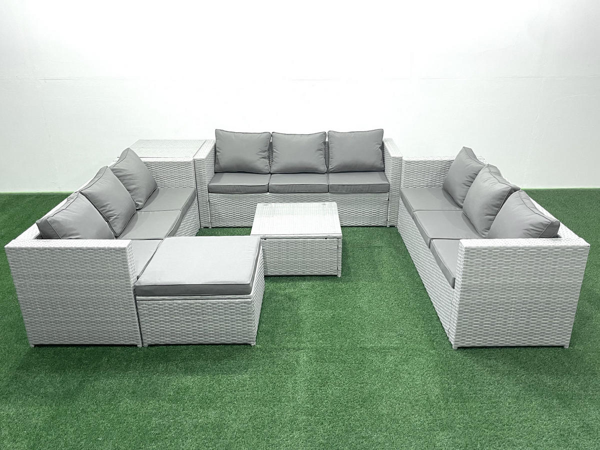 GARTENMÖBELSET mit 3-SITZER SOFA,COUCHTISCH Polyrattan Hellgrau-Mix 10-Sitzer - Hellgrau/Grau, Glas/Kunststoff - Fimous
