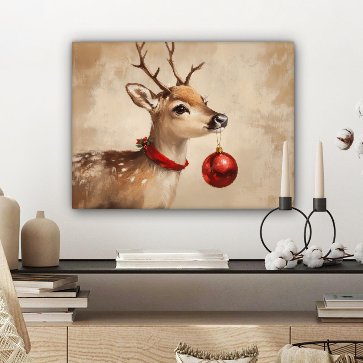 LEINWANDBILD Weihnachten - Hirsch - Geweih - Weihnachtskugel - Rentier Wandbild 40x30 cm - Hellbraun, Textil (40/30cm) - MuchoWow