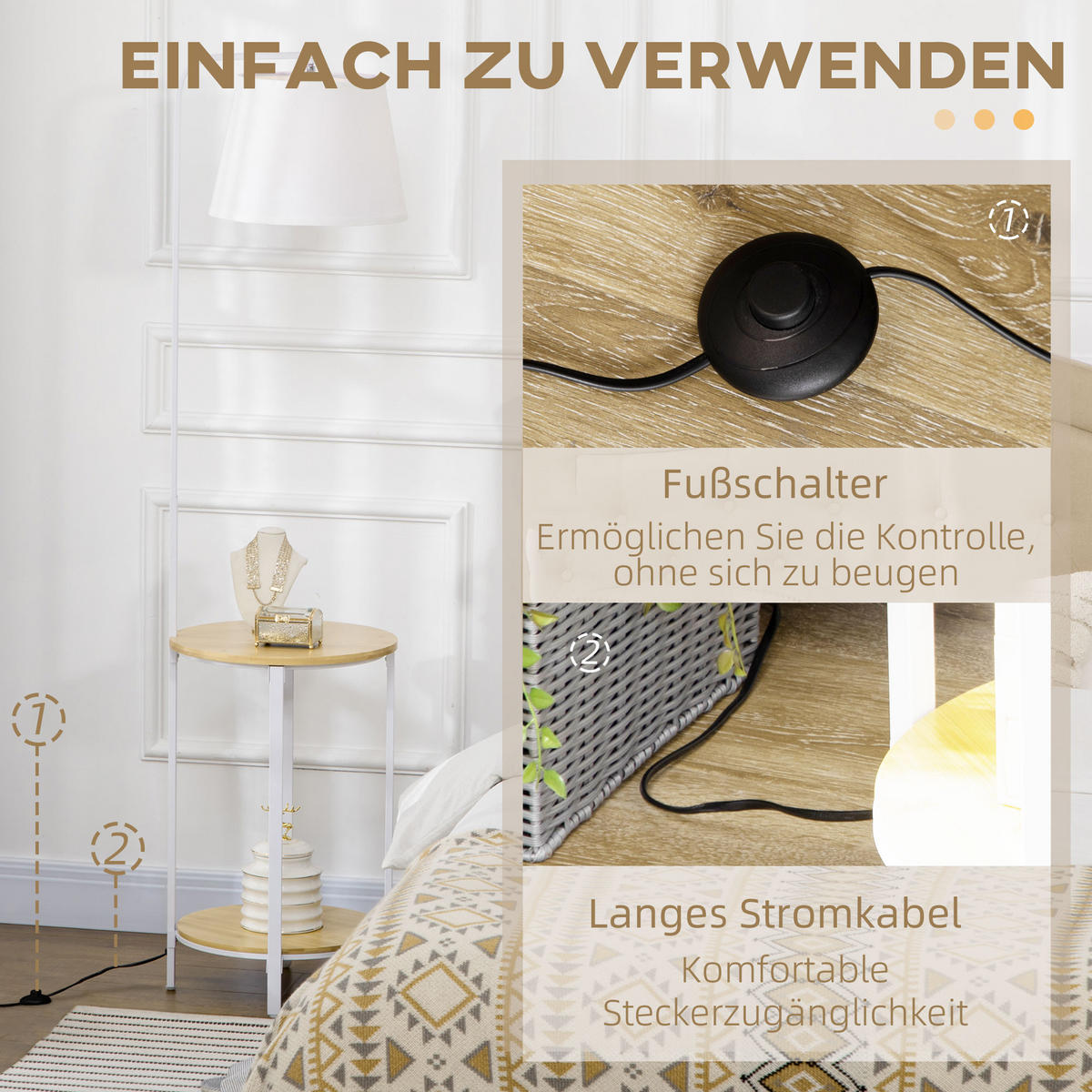 STEHLEUCHTE, Standlampe mit 2 Ablagen, 40 W Stehlampe, Standleuchte, Metall - Weiß, Metall (43/39.5/162cm) - HOMCOM