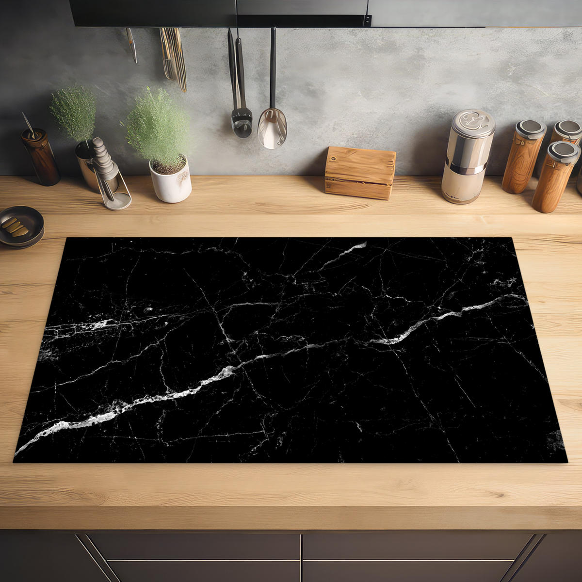 HERABDECKPLATTE - Marmoroptik - Schwarz - Luxus - 90x50 - Grau, Kunststoff (90/50/0.2cm) - MuchoWow