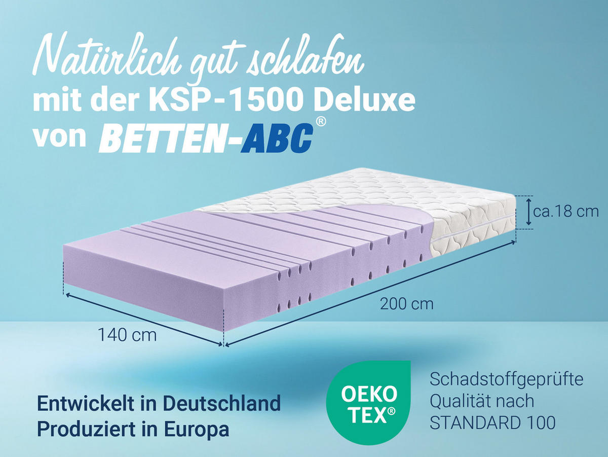 MATRATZE KSP-1500 Deluxe, mit Klimafaserbezug, Größe: 140x200, Härtegrad: H3 - Weiß, Textil (140/200cm) - Betten-ABC