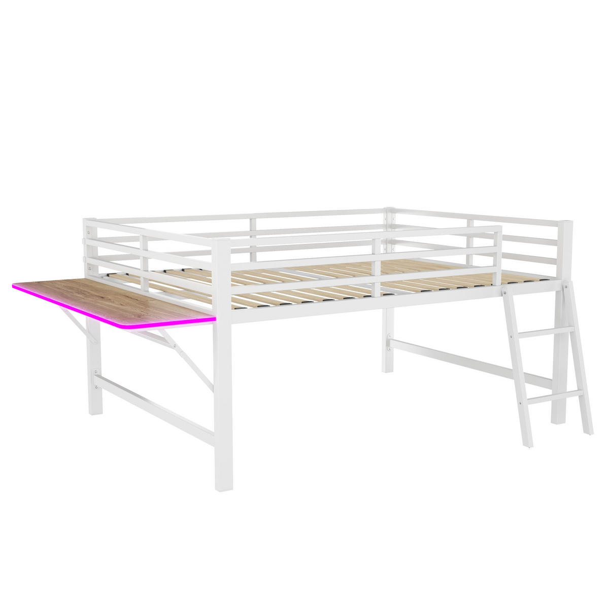 HOCHBETT mit Schreibtisch 140/200 cm in Weiß – Metallbett mit Leiter und LED - Weiß, Metall (140/200cm) - BEAOK