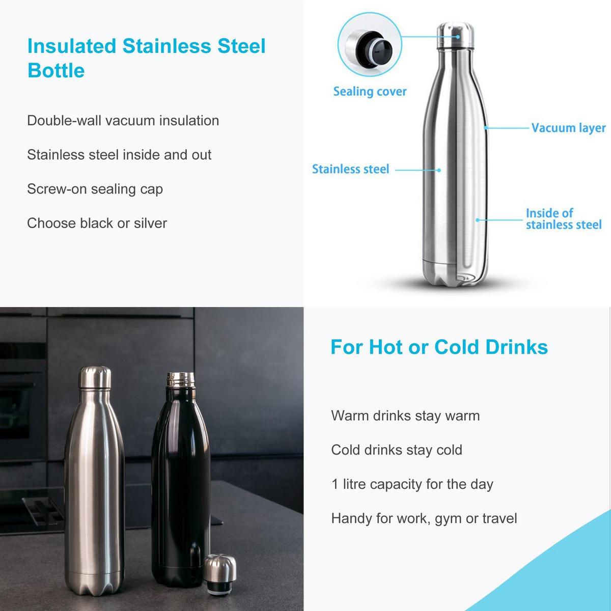 THERMOSKANNE 1 Liter Auslaufsicher - Silberfarben, Metall (0.75L) - Intirilife