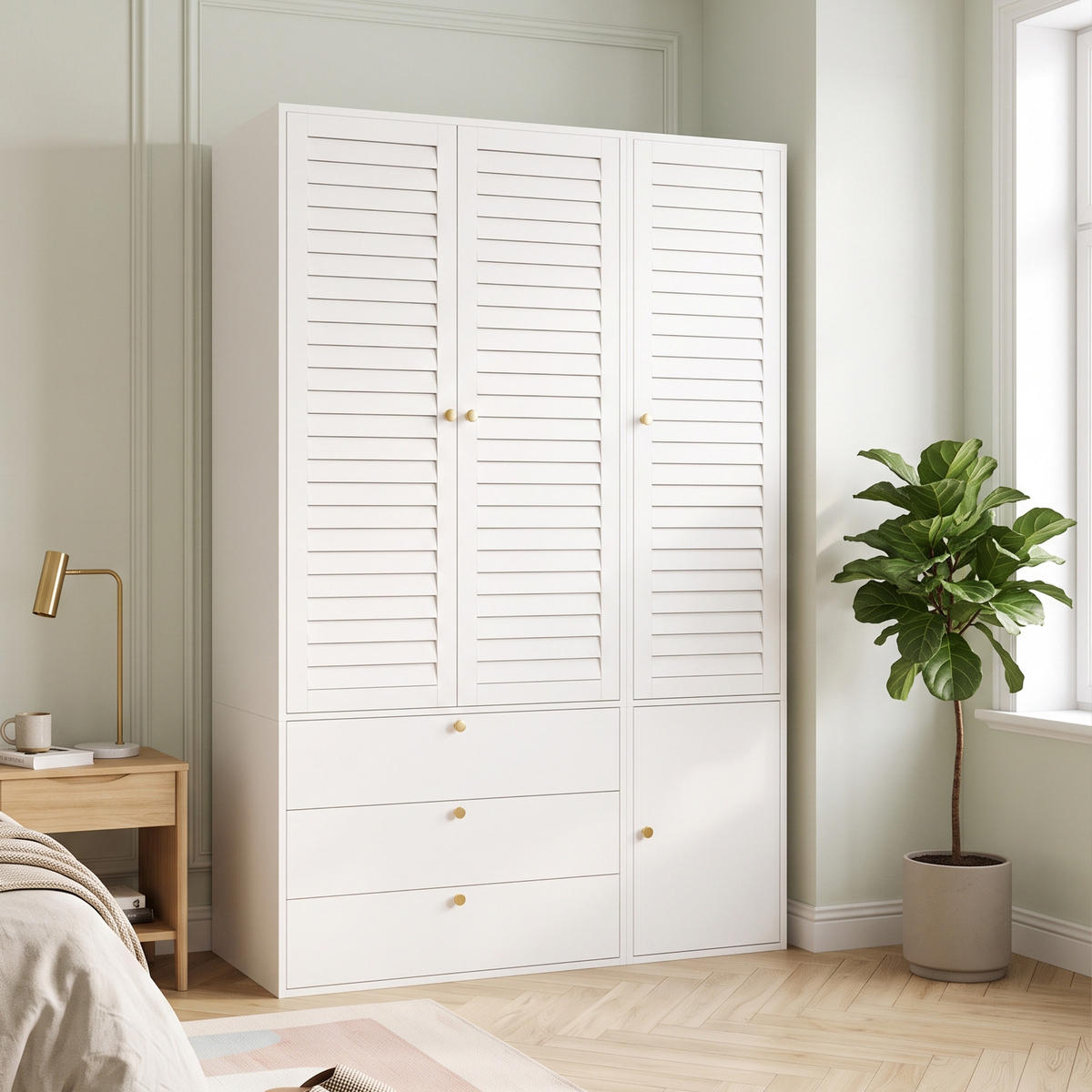 KLEIDERSCHRANK Weiß 3 Lamellentüren 3 Schubladen 2 Kleiderstangen Hosenhalter - Weiß, Holzwerkstoff (135/200/50cm) - Urban Meuble