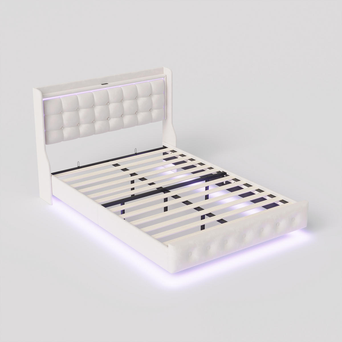 POLSTERBETT 140x200 cm Schwebebett mit LED & USB, Samtstoff Beige Doppelbett mit Lattenrost - Beige, Metall (140/200cm) - EuroLiving