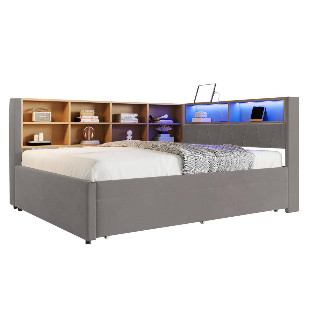 BETT 140/200 cm mit Ausziehbett 90/190 cm, LED und Stauraum, Dunkelgrau - Dunkelgrau, Textil (140/200cm) - BEAOK