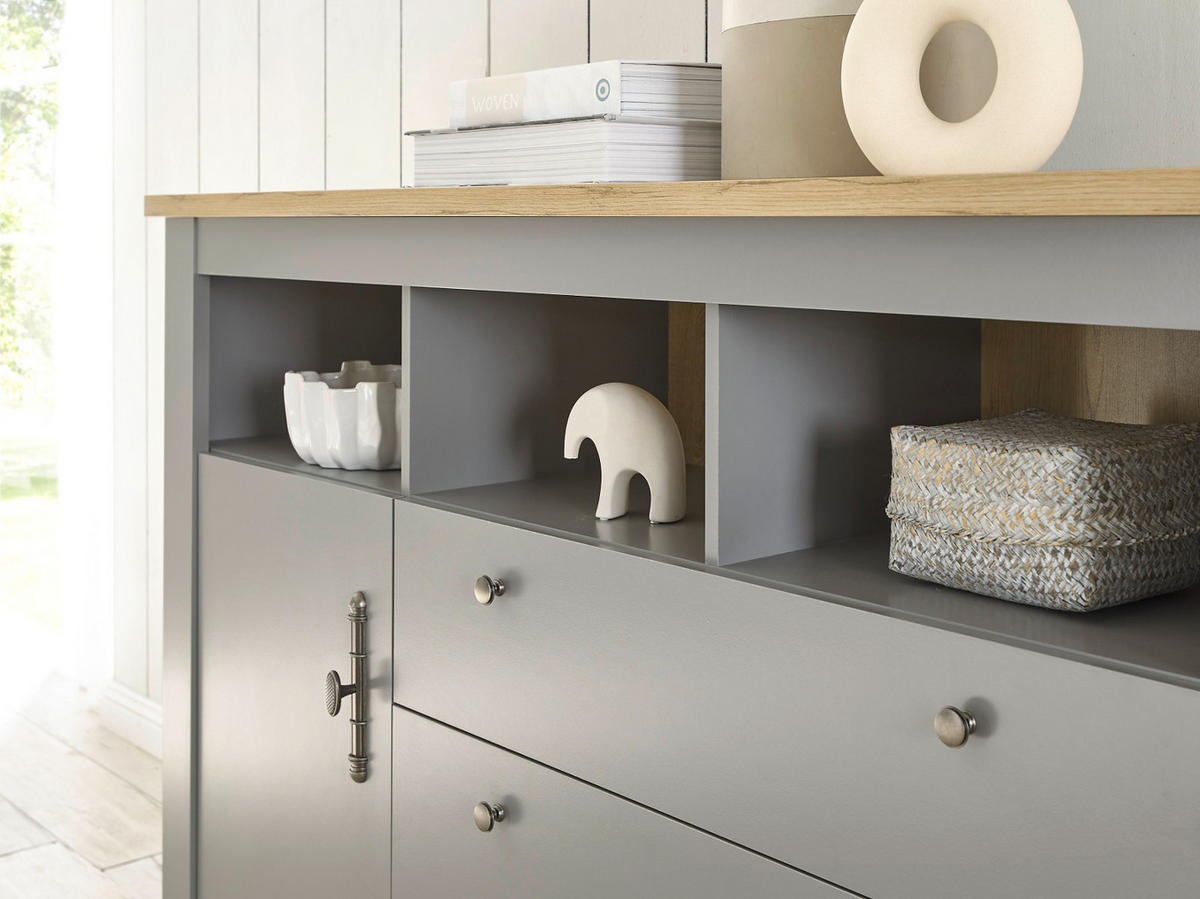 SIDEBOARD grau, Artisan Eiche Landhaus, Kommode 198 x 104 cm - Silberfarben/Hellgrau, Holzwerkstoff/Metall (198/104/44cm) - Furn.Design