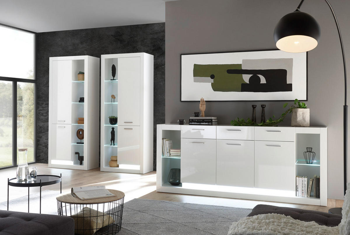 HIGHBOARD weiß Hochglanz 141 cm, Vitrine mit 11 Fächern - Weiß Hochglanz/Silberfarben, Glas/Holzwerkstoff (141/139/37cm) - Furn.Design