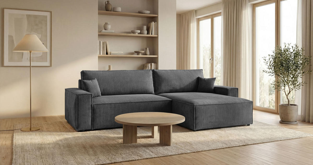 ECKSOFA VIENNA rechts dunkelgrau Cord Poso 60 - Schlaffunktion, Bettkasten - Anthrazit, Textil (285/184cm) - Cornero