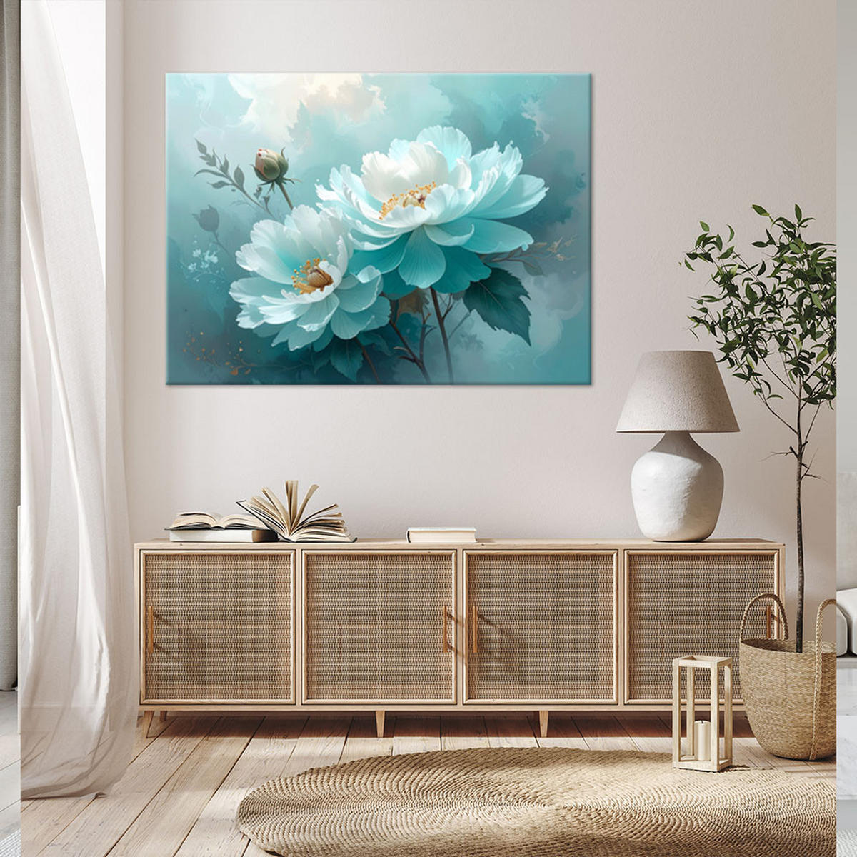 BILD auf Leinwand, Türkisfarbene Pfingstrosen in einer pastellfarbenen dekorativen Komposition - Türkis, Textil (60/40cm) - Feeby
