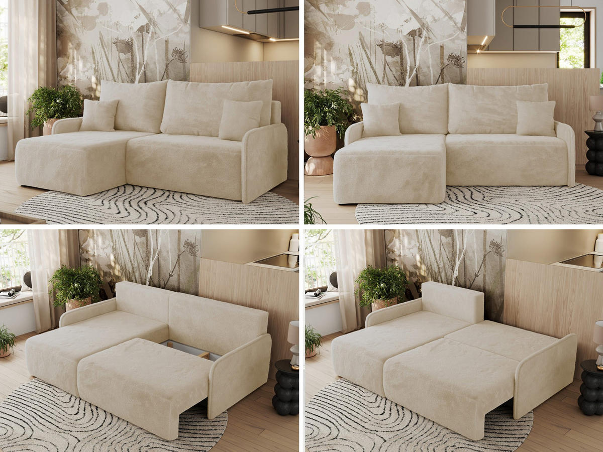 ECKSCHLAFSOFA ARPA L Creme Plüsch - links - Creme/Schwarz, Kunststoff/Textil (198/150cm) - MKS