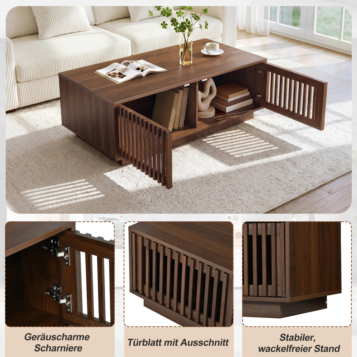KONFERENČNÍ STŮL v ořechové barvě se 2 dvířky a prolamovaným designem, 100×50×35 cm - barva vlašského ořechu, kompozitní dřevo (50/100/35cm) - STILVORA