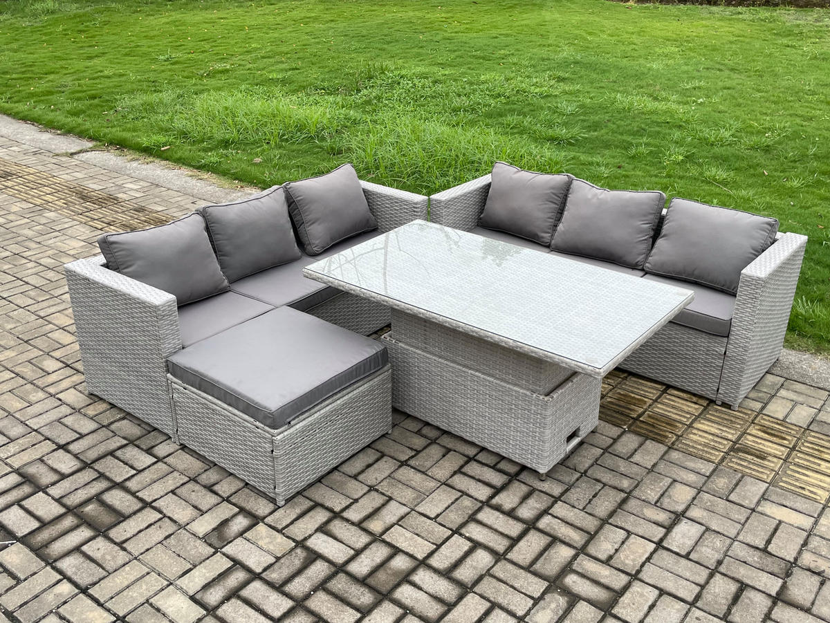 GARTENMÖBEL SET Polyrattan Helles Grau 7-Sitzer - Hellgrau, Metall - Fimous