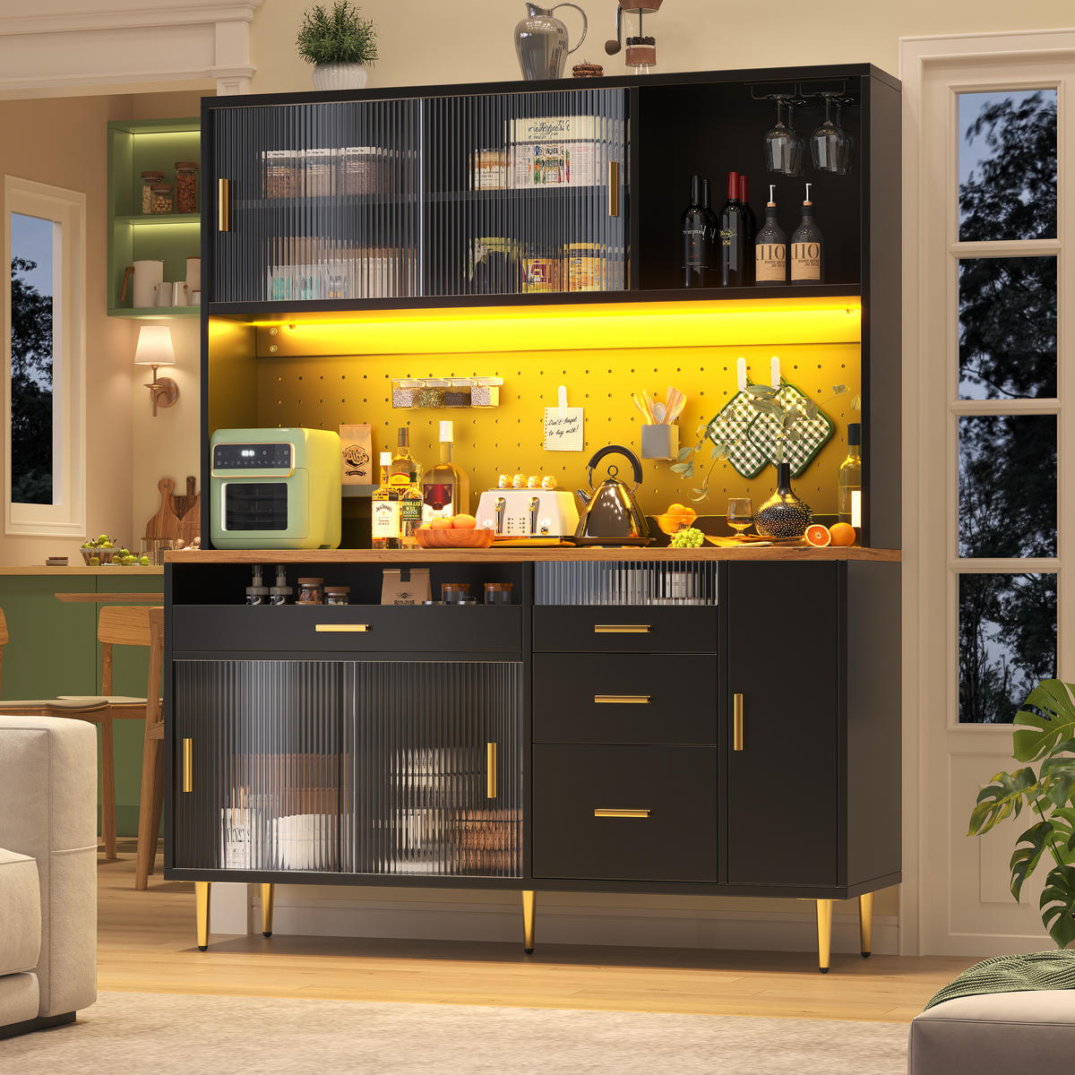 GESCHIRRSCHRANK aus MDF & Glas 145x39x171cm in Schwarz mit APP-LED - Schwarz, Holzwerkstoff (145/171/39cm) - Modfu