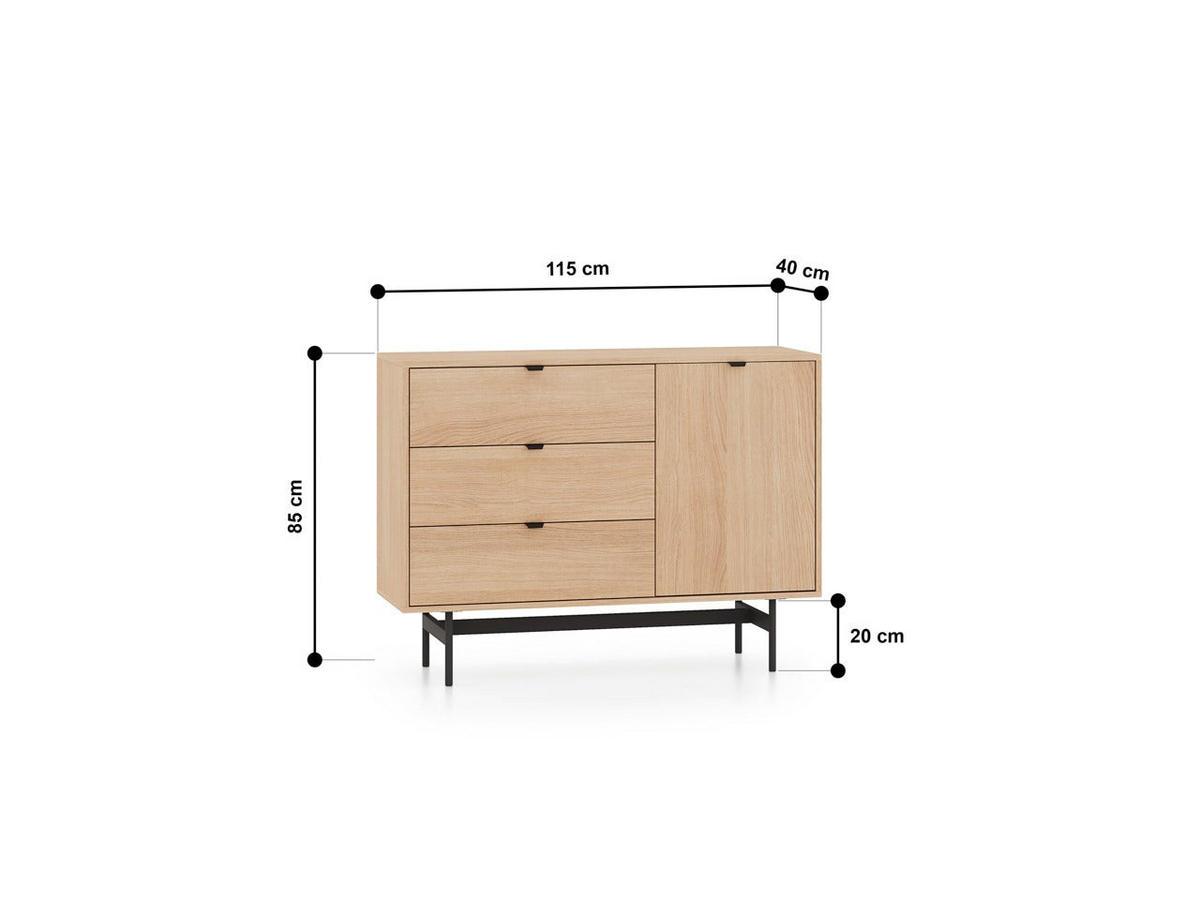 KOMMODE – 115 cm – Reynos – Schwarz / Eichefarben - Eichefarben/Schwarz, Holzwerkstoff (115/85/40cm) - hi-markt