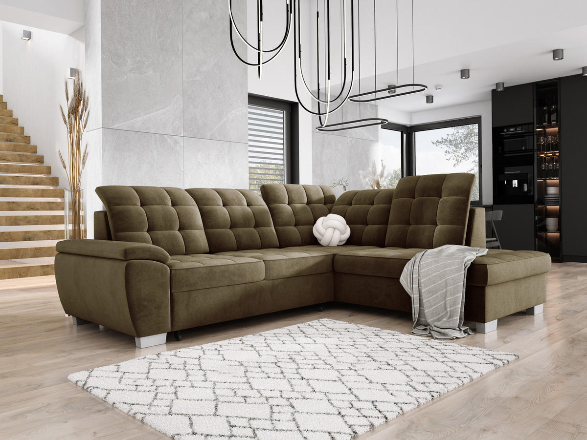 ECKSOFA LOTTA SALVADOR Bettkasten verstellbare Kopfstützen hochwertige Verarbeitung lose Rückenkissen freistehend RECHTS 258x212x106 cm Olive green - Olivgrün, Holz/Textil (258/212cm) - DomoHome