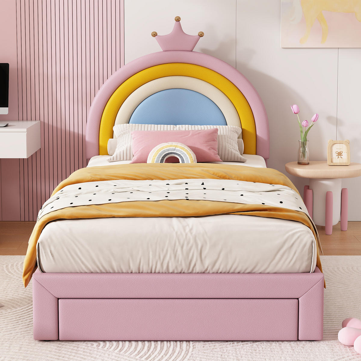 KINDERBETT 90/200 cm mit Regenbogen-Kopfteil und Schublade, DE-41743, in Rosa - Pink, Holz (90/200cm) - ComfortXL