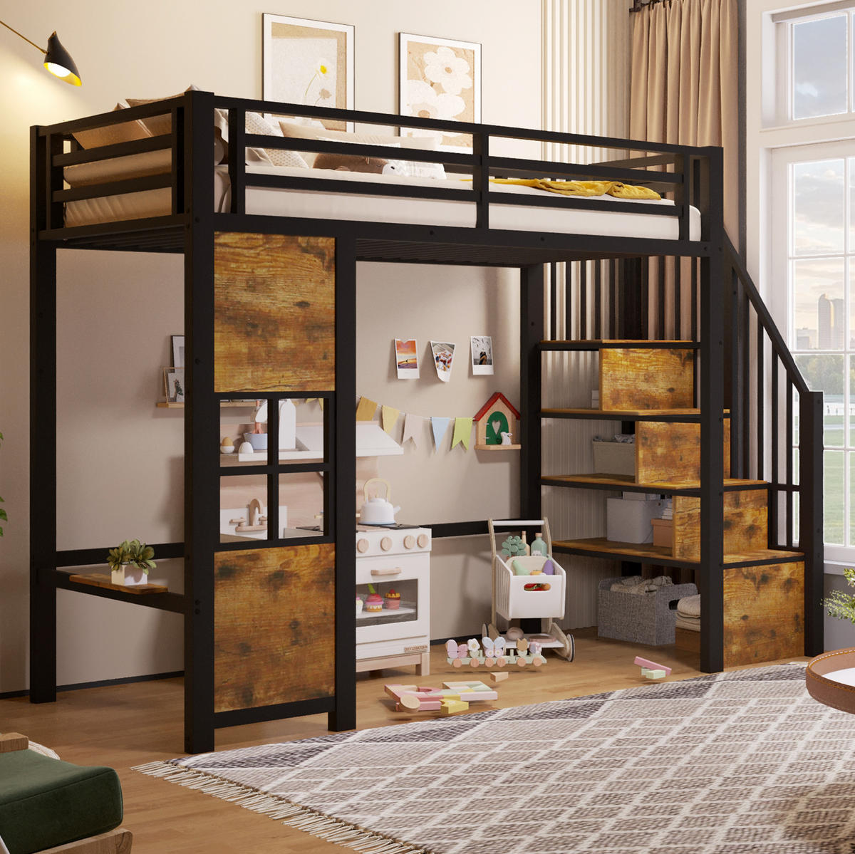 HOCHBETT 90x200 cm in Schwarz mit Stauraumtreppe und offenem Spielbereich - Schwarz, Holzwerkstoff (90/200cm) - IVMEU