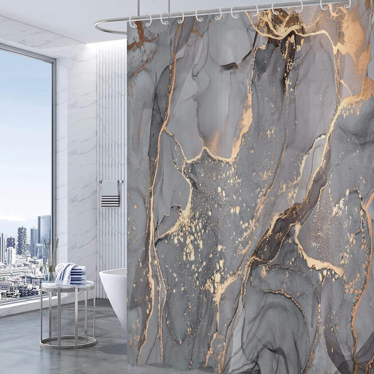 DUSCHVORHANG Grau Gold Marmor abstrakt modern Luxus Kunst wasserdicht mit Haken Badewanne - Multicolor, Textil (200/180cm) - MCBOSON