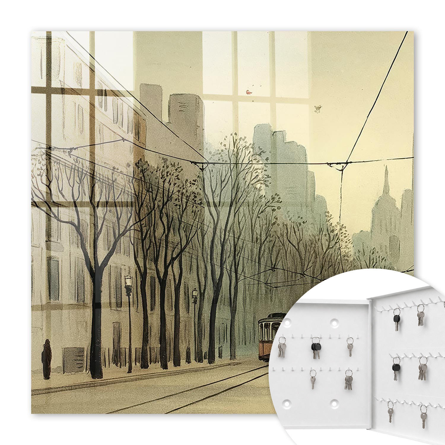 SCHLÜSSELBOX Weiß 30x30 cm – Türöffnung nach rechts - Stadtspaziergang - Beige, Metall (30/30/5cm) - TULUP