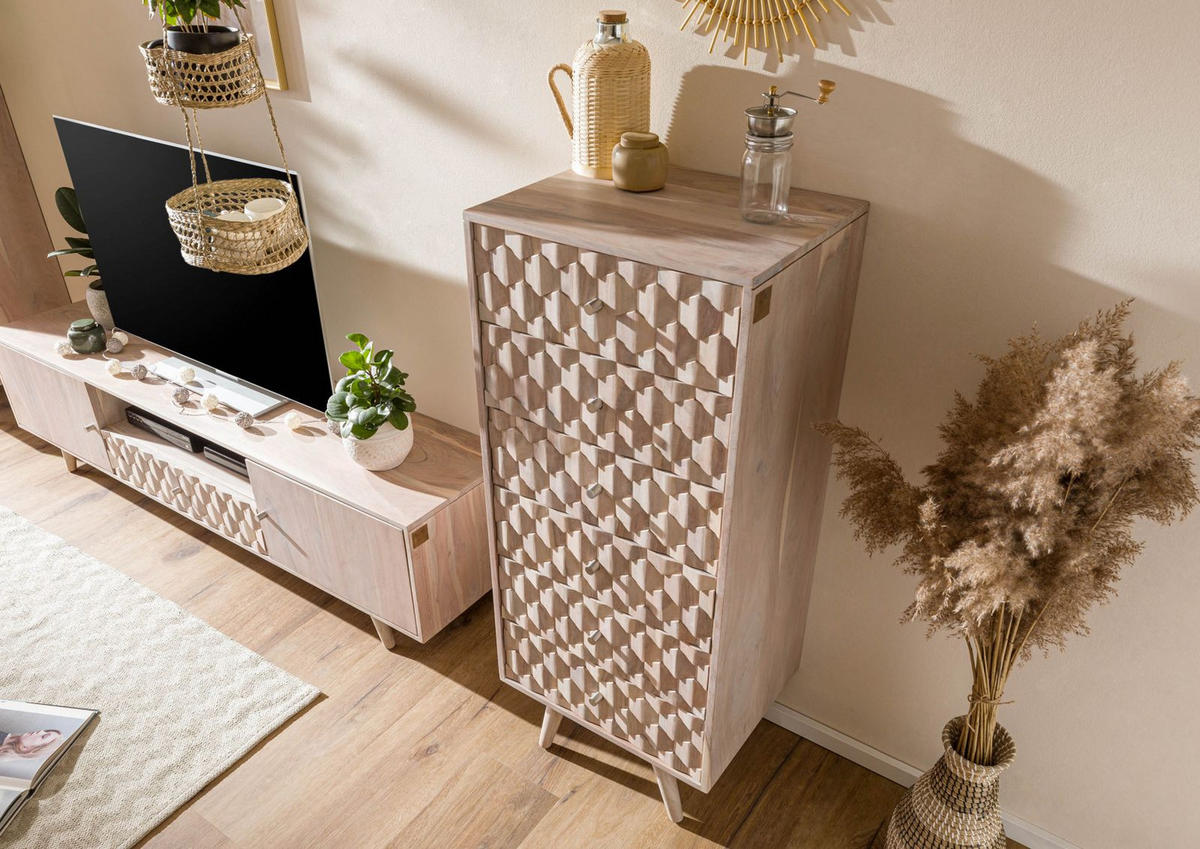 KOMMODE Akazie 53x42x125 weiß lackiert MOSAYK #208 - Weiß, Holz (53/125/42cm) - Massivmoebel24