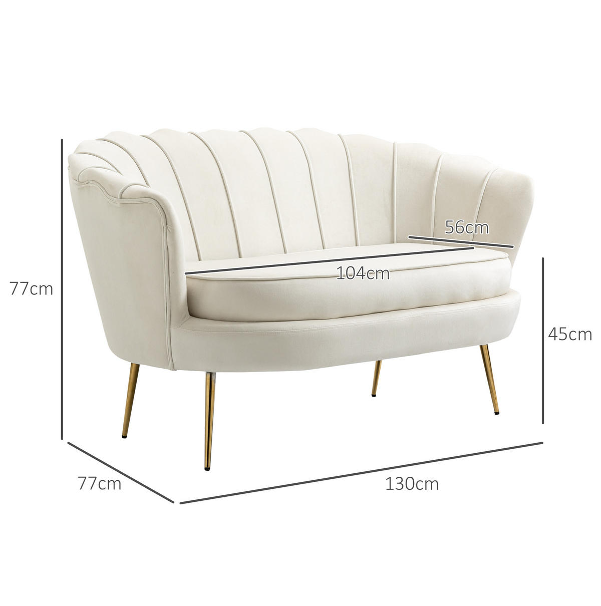 2-SITZER 130/77/77 cm cremeweiß aus Stahl mit Samtoptik und verstellbaren Füßen - Creme, Metall (77/77/130cm) - OKWISH