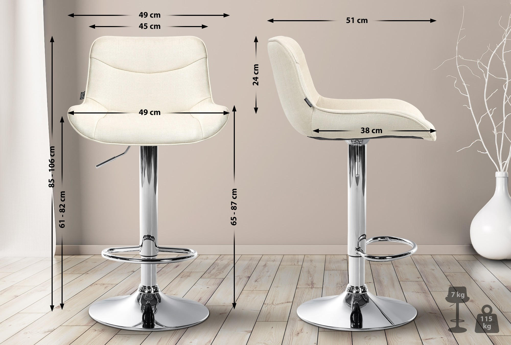 BARHOCKER 2er-Set TAMPA Creme Stoff Chrom - Creme, Textil/Metall (49/85/51cm) - DELUKE