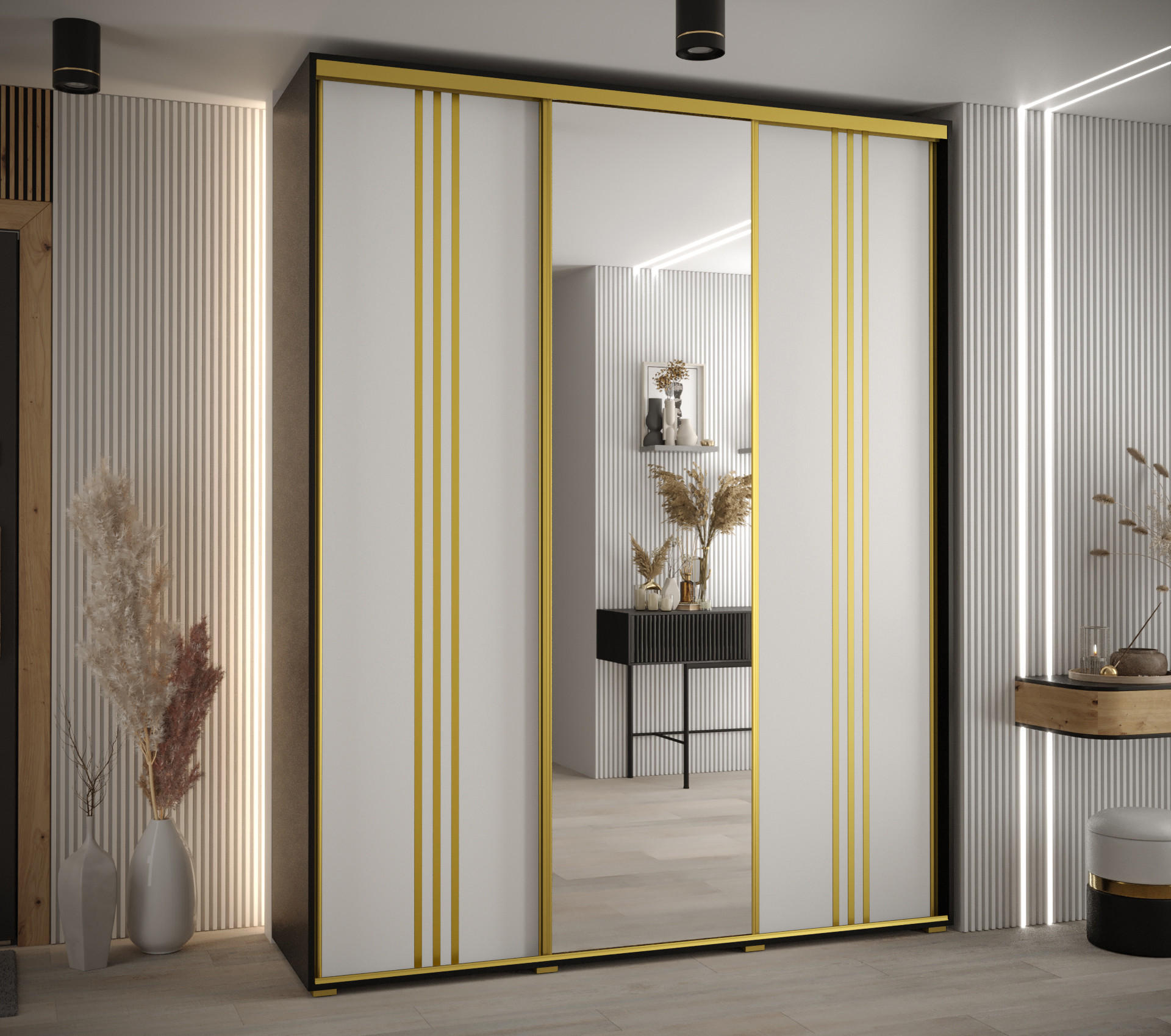 SCHWEBETÜRENSCHRANK 235,2/190/45 3-türig - Goldfarben/Schwarz, Holz/Metall (190/235/45cm) - Abiks Möbel