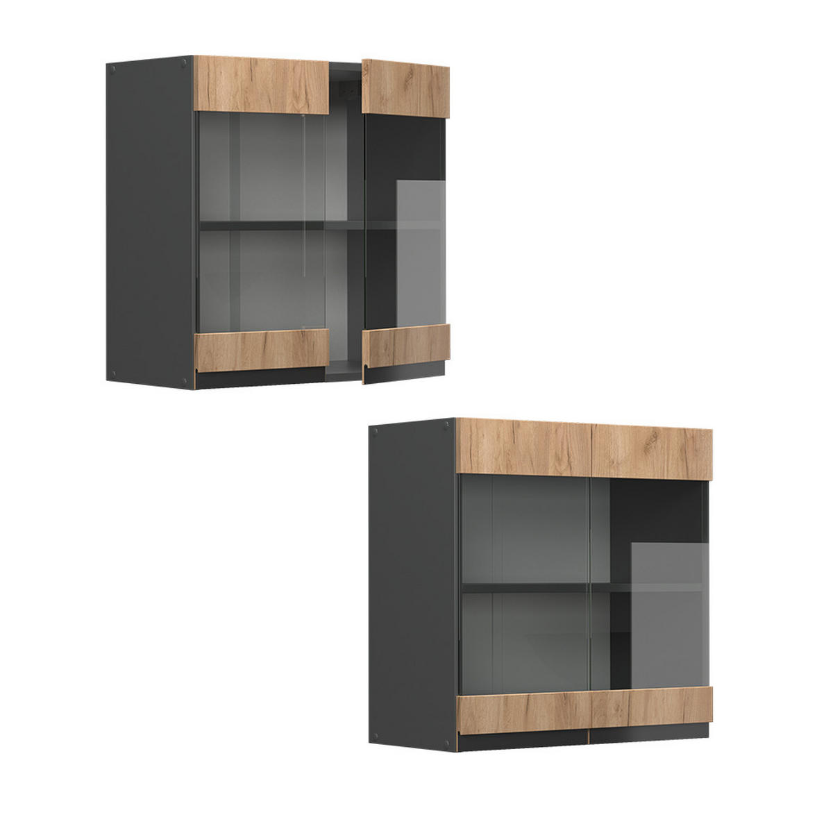 KÜCHENGLASSCHRANK R-Line Goldkraft Eiche 60 cm J-Shape - Honigeiche/Anthrazit, Holzwerkstoff (60/60/31cm) - Vicco
