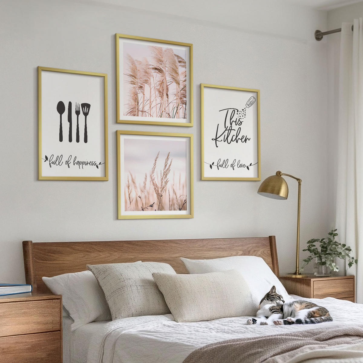 BILDER SET 4er Set - 50x50 cm & 40x60 cm Goldrahmen - Boho-Küchengras-Schriftzug - Goldfarben, Kunststoff (50/50cm) - TULUP