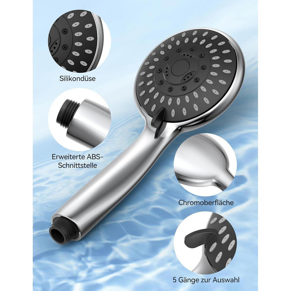 HANDBRAUSE Set mit 1,8m Schlauch und 5 Strahlarten - Silberfarben, Metall (11/12.7/25cm)