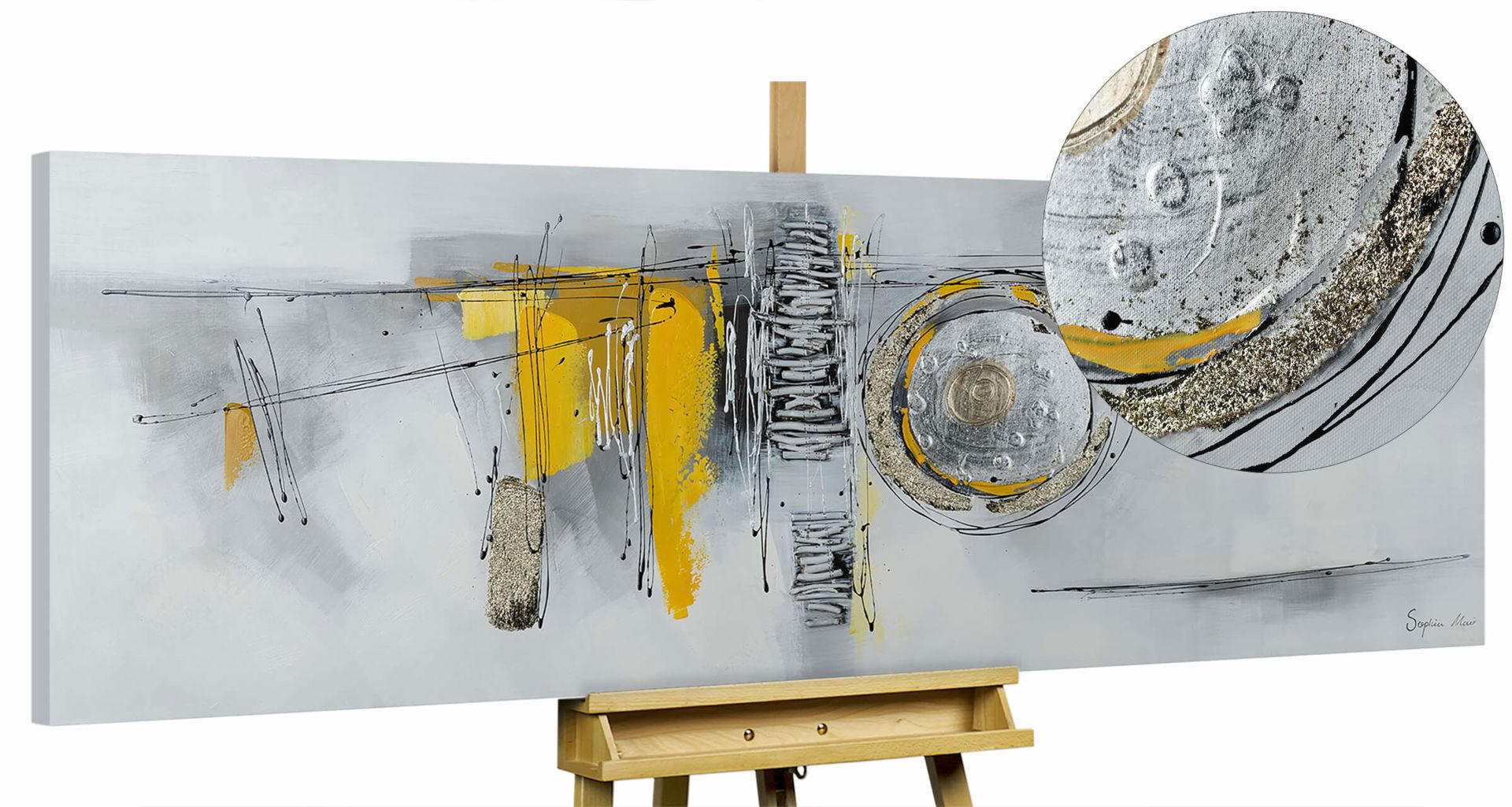 ACRYLBILD HANDGEMALT 150/50 cm - Gelb/Silberfarben, Holz/Textil (2/50cm) - KUNSTLOFT