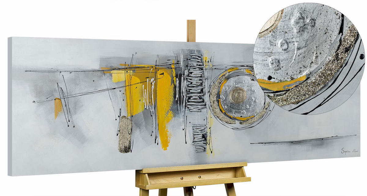 ACRYLBILD HANDGEMALT 150/50 cm - Gelb/Silberfarben, Holz/Textil (2/50cm) - KUNSTLOFT