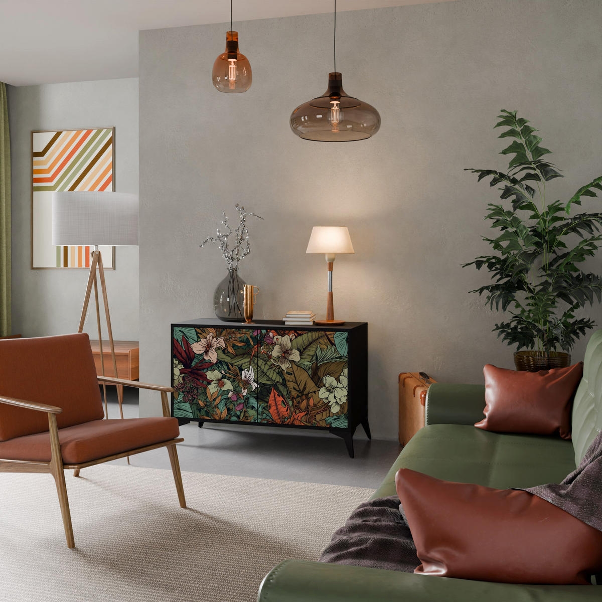 SIDEBOARD BOTANICAL EMERGENCE, Eicheneffekt, 111x42x77,5 cm, 2 Türen - Eichefarben/Buchefarben, Holzwerkstoff/Buchenholz (111/77.5/42cm) - SpaceRebels