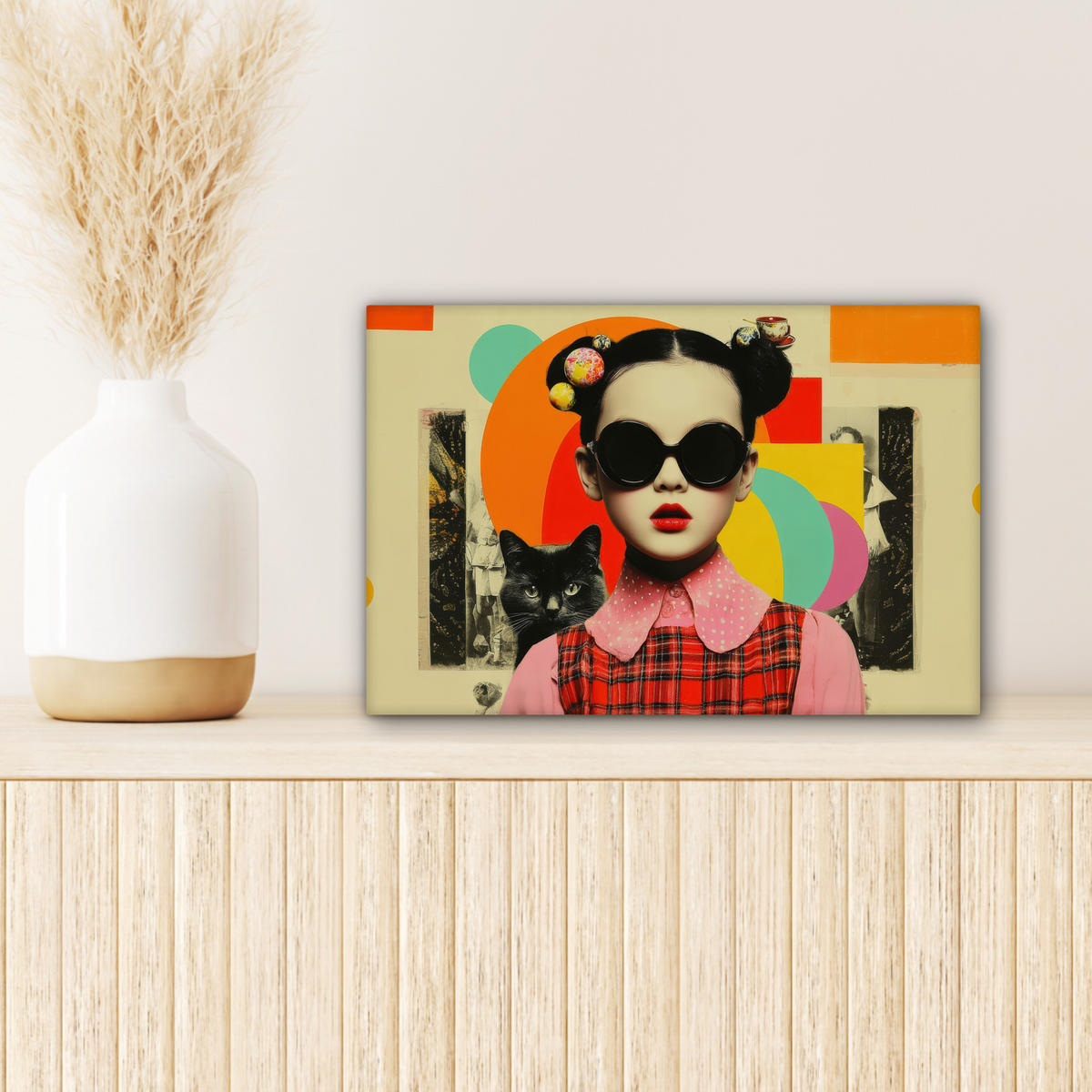 LEINWANDBILD Mädchen - Sonnenbrille - Katze - Retro Deko Schlafzimmer 30x20 cm - Beige, Textil (30/20cm) - MuchoWow