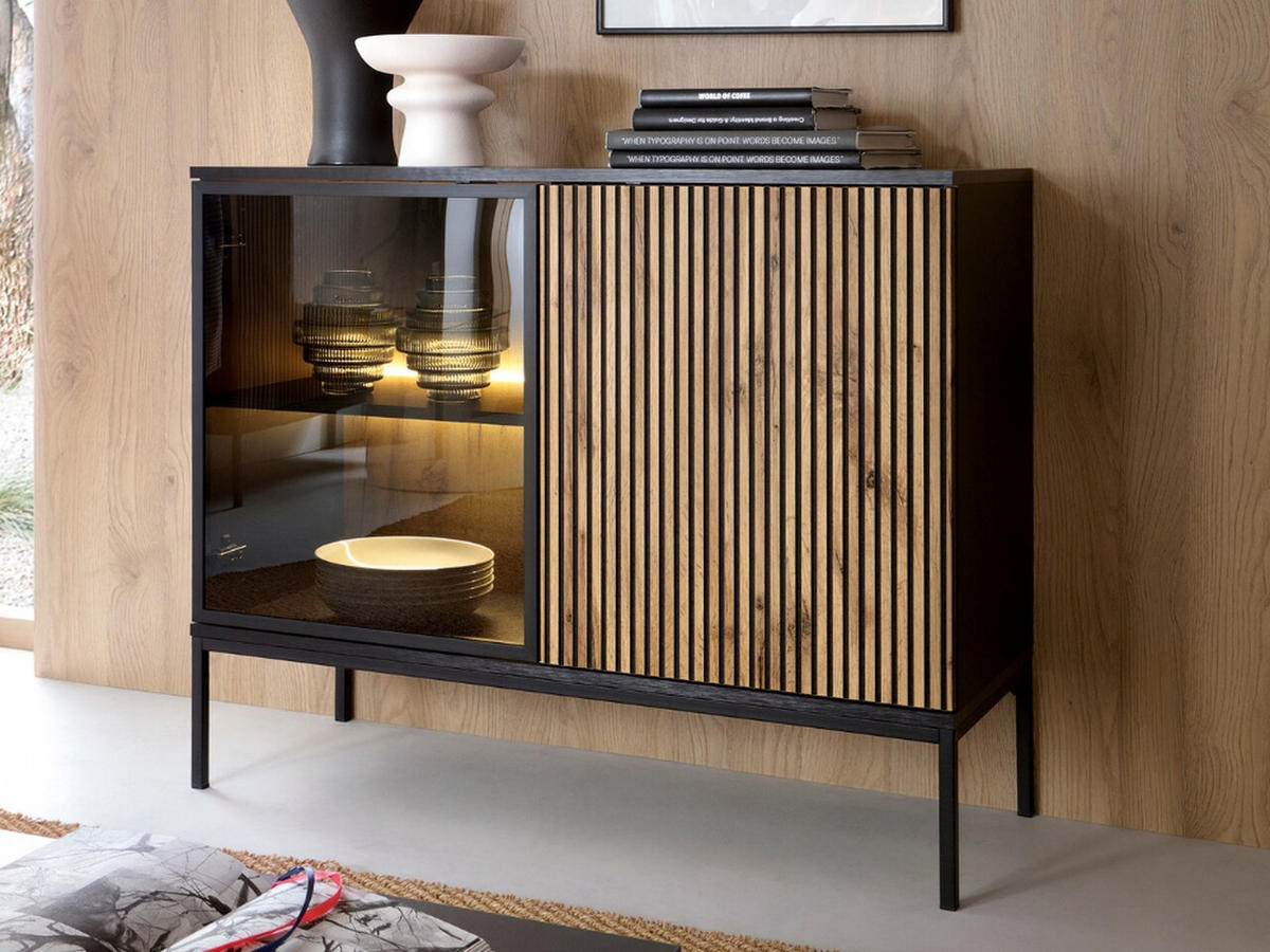 KOMMODE Graphit, Wotan Eichefraben 104/83/39 cm Deo - Eiche Wotan/Schwarz, Glas/Holz (104/85/39cm) - Graingold